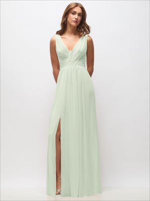 Sleeveless chiffon maxi dress with draped V-neck and front slit, pale sage green