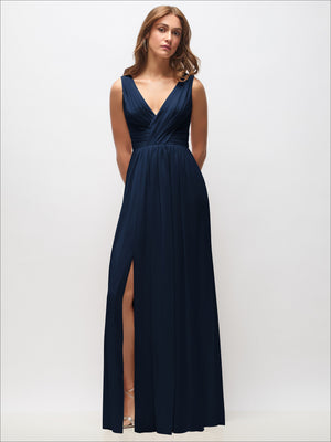Navy sleeveless chiffon maxi dress with V-neck bodice and front slit