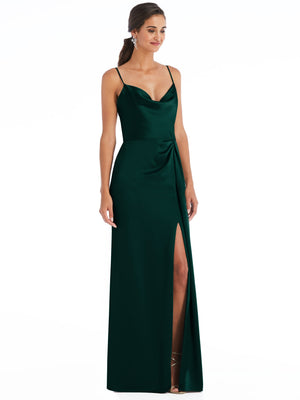 Cowl-neck draped wrap maxi dress in dark green with front slit and thin straps