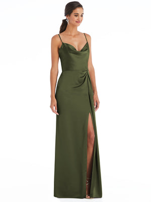 Draped wrap maxi dress with cowl neckline and front slit, dark green, front view