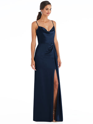 Cowl-neck draped wrap maxi dress in midnight navy with spaghetti straps and side slit