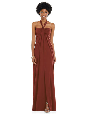 Draped satin Grecian column gown in burgundy, halter with gathered knot at bust