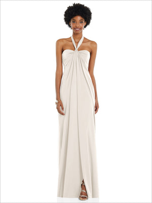 Ivory satin Grecian column gown with halter tie and gathered neckline