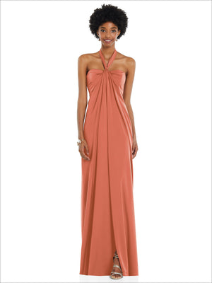 Terracotta satin column gown with draped halter neckline and bow-tied straps
