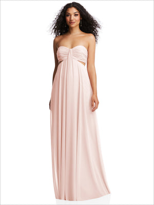 Strapless empire waist maxi dress in dusty pink with ruched neckline and button detail
