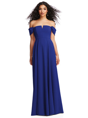 Off-shoulder pleated A-line maxi dress, blue with cap sleeves