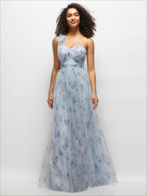 Lilac floral tulle one-shoulder dress with fitted bodice, long full skirt