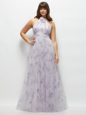 Lilac floral tulle halter dress with tie-back and rosette neckline, long full skirt