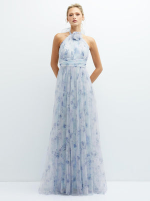 Light blue floral tulle halter dress with tie-back and rosette neckline, long full skirt