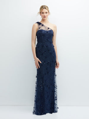 Midnight blue one-shoulder fit-and-flare dress with 3D floral embroidery, sleeveless