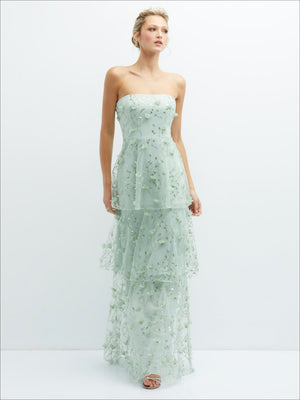 Celadon strapless maxi dress with 3D floral embroidery and tiered tulle skirt