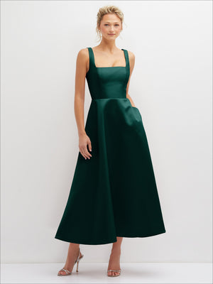 Deep green satin midi dress with sleeveless square neckline and full A-line skirt