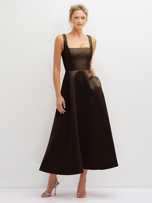 Black square-neck satin midi dress with sleeveless bodice and flared skirt