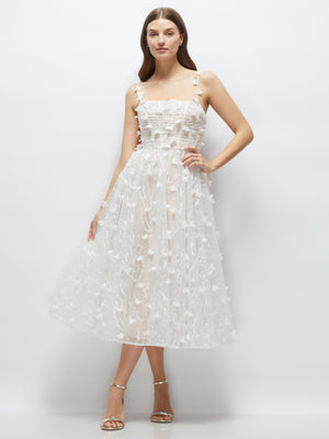 Ivory 3D floral embroidered midi dress with sleeveless bodice and nude corset underlay