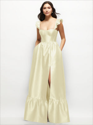 Satin corset maxi dress with ruffle straps, butter yellow sweetheart bodice and tiered hem