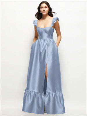 Light blue satin corset maxi dress with ruffle straps and front side opening