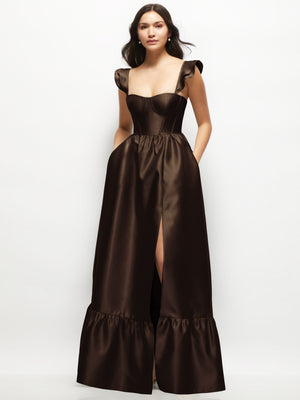 Satin corset maxi dress with ruffle straps, dark brown, corset bodice and slit skirt