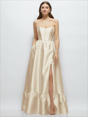 Strapless ivory satin maxi dress with boned bodice and gathered ruffle hem, front view