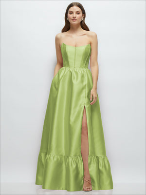 Lime green strapless maxi dress with boned bodice and tiered ruffle hem