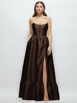 Brown strapless maxi dress with boned bodice and tiered ruffle hem with side slit