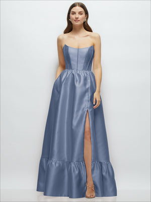 Blue strapless maxi dress with boned bodice and ruffle hem, side slit