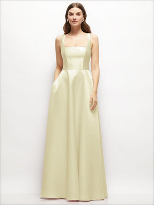 Square-neck satin maxi dress with full skirt, sleeveless straps, pale champagne cream