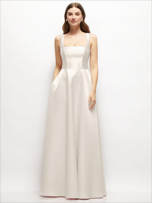 Ivory satin square-neck maxi dress with thin straps and full A-line skirt