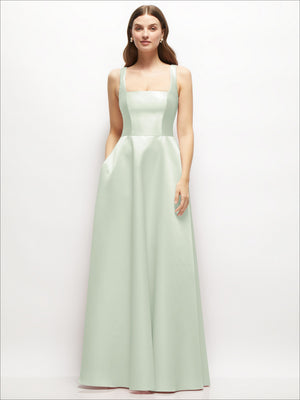 Square-neck satin maxi dress in mint green with full skirt and straight neckline