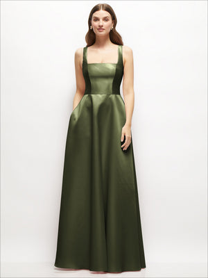 Olive green satin maxi dress, square neckline, sleeveless, full skirt with gathered waist