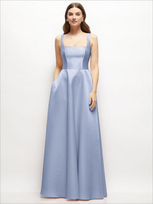 Satin square-neck maxi dress, sleeveless with full skirt in powder blue, front view