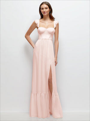 Blush ruffle-strap chiffon maxi dress with bustier bodice and ruffle hem, side slit