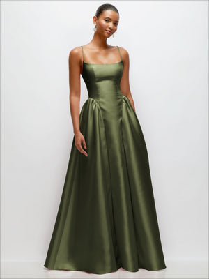 Satin maxi dress with thin straps and basque waist, olive green satin skirt.