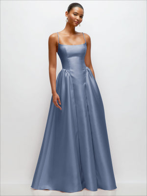 Blue satin maxi dress with square neckline, thin straps, and gathered dropped waist