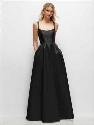 Scoop-neck satin maxi dress, black, corset-style bodice, thin straps, front view