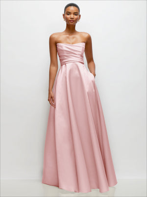 Blush strapless draped satin maxi dress with curved neckline and voluminous full skirt