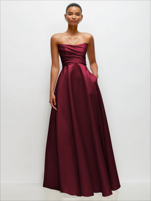 Strapless satin maxi dress in deep burgundy with draped bodice and full gathered skirt