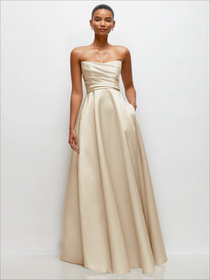 Champagne satin strapless maxi dress with draped bodice and full skirt