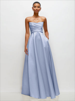 Light blue strapless draped satin maxi dress with fitted bodice and full skirt