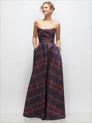 Strapless tartan satin maxi dress with draped bodice and full A-line skirt