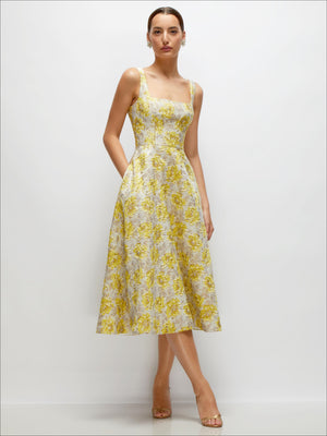 Golden yellow floral jacquard midi dress with square neckline and fitted skirt, sleeveless