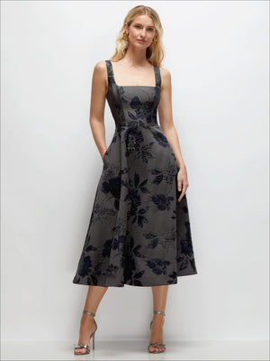 Square-neck sleeveless midi dress in dark navy with floral metallic jacquard