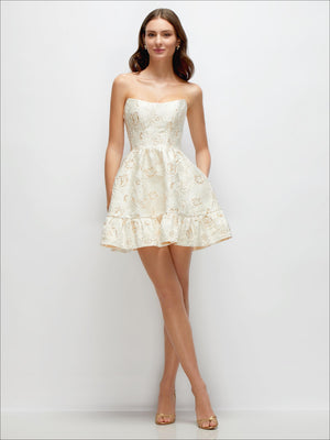 Ivory strapless brocade corset mini dress with rosette pattern and ruffle hem