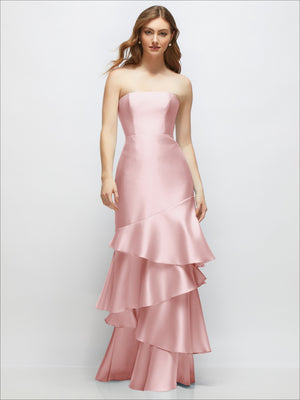 Strapless bodycon maxi dress in rosy pink with cascading tiered ruffle skirt