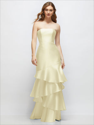 Ivory strapless bodycon maxi dress with tiered ruffle skirt