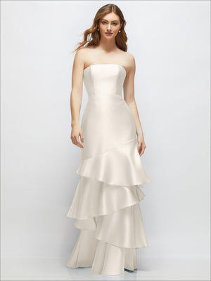 Strapless bodycon maxi dress in ivory with tiered ruffle skirt and fitted corset-style bodice