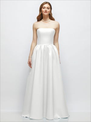 Ivory strapless satin drop-waist gown with full skirt, centered front