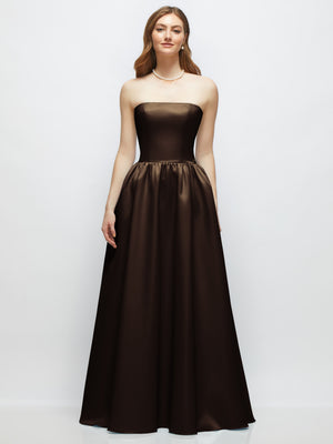 Espresso brown strapless satin drop-waist gown with full skirt, sleeveless fitted bodice