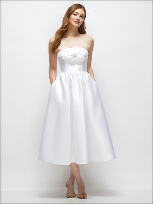 White strapless satin midi dress with handmade fabric flower bodice