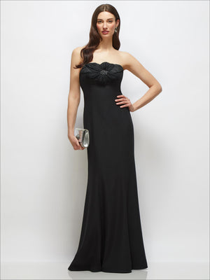 Black strapless fit-and-flare dress with handmade flower detail at bust
