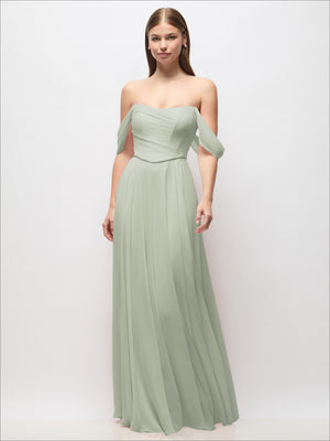 Off-shoulder mint-green chiffon maxi dress with basque corset shaping and gathered skirt
